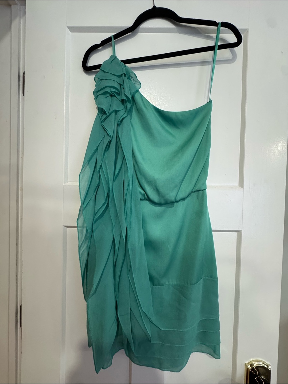 BCBGMaxAzria One-Shoulder Ruffle Dress in Teal Green